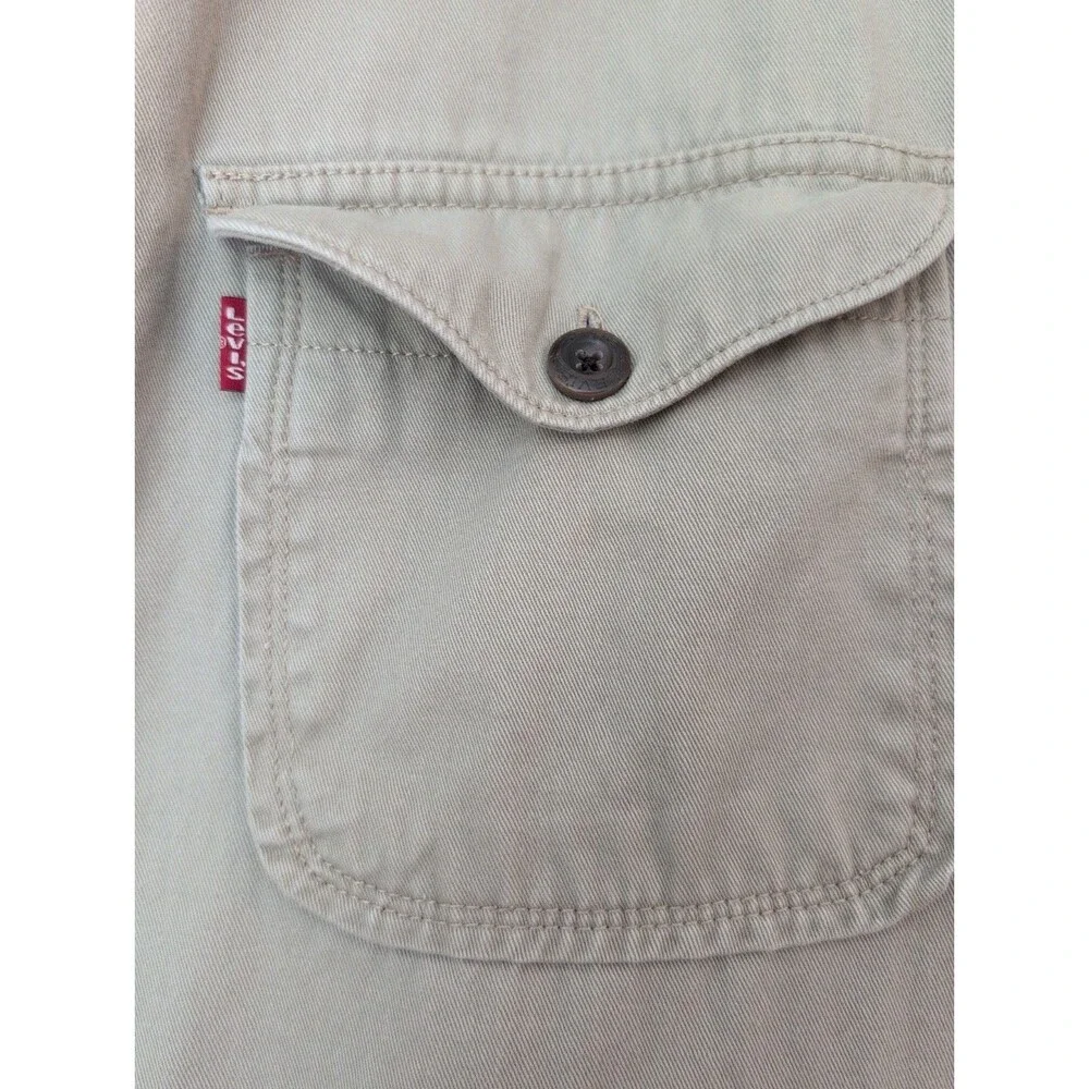 Vtg Levis Quilted Sherpa Jacket Shirt Shacket Beige/Tan Distressed Button Up Med
